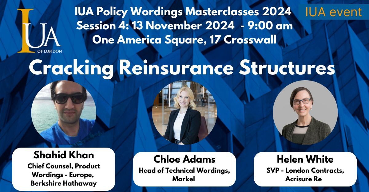 The IUA's fourth and final policy wordings masterclass will be taking place on Wednesday 13 November. This free, in-person training session will be focussing on the fundamentals of reinsurance structures. 
buff.ly/4hjVoR0