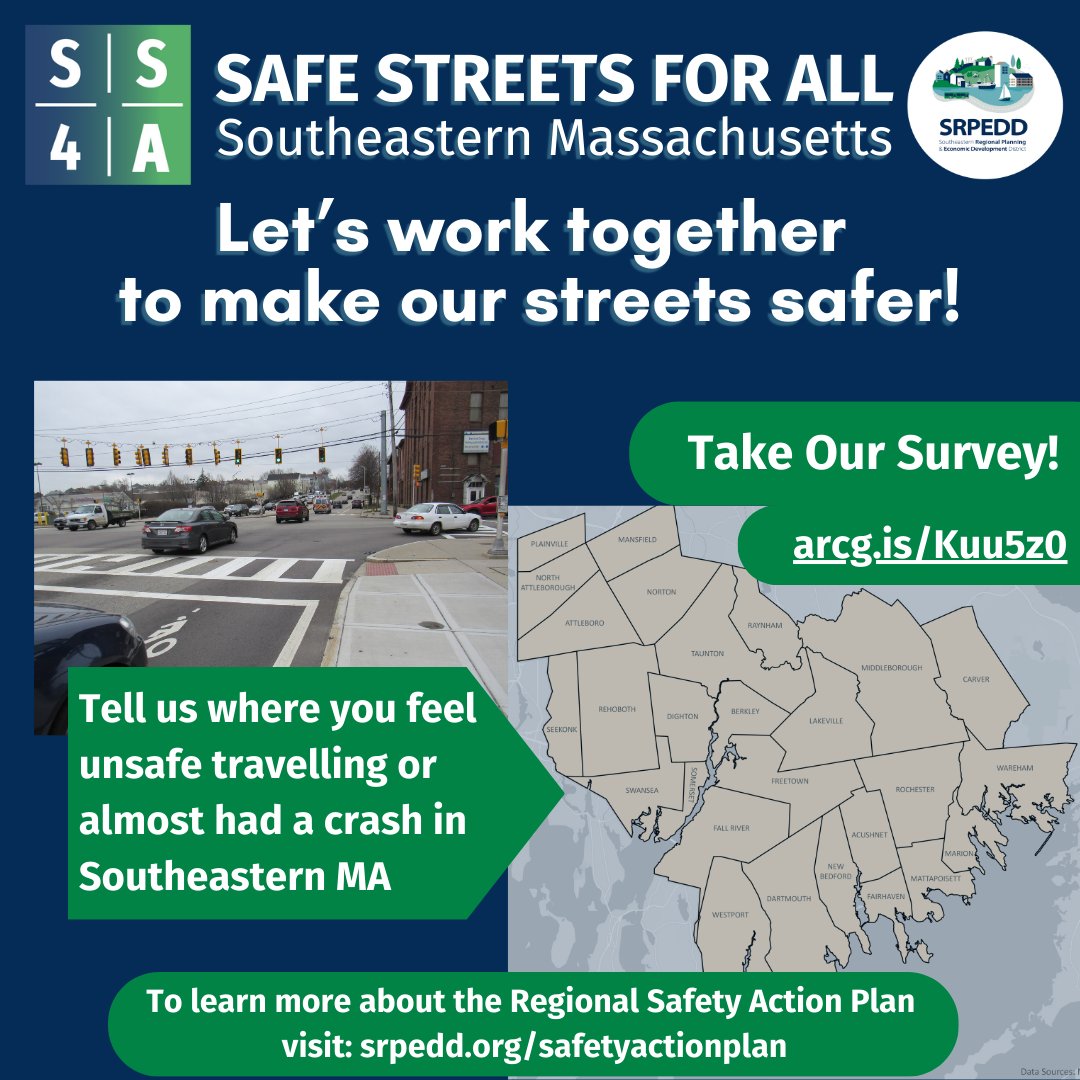 SRPEDD is creating a plan for making our streets safer for all road users in Southeastern MA. Complete the survey at arcg.is/Kuu5z0 to tell us about areas where you have experienced near misses and have felt most unsafe.