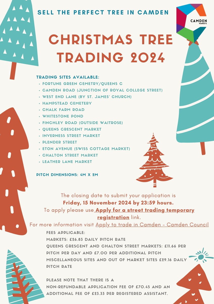 🎄Christmas Tree Trading in Camden - Apply today!🎄
👉To apply please visit:  Apply to trade in Camden - Camden Council.
<a href="/CamdenCouncil/">Camden Council</a> <a href="/LYLMuk/">Love Your Local Market</a> <a href="/MarketMatters1/">Market Matters</a> <a href="/marketsmatter/">NMTF</a>