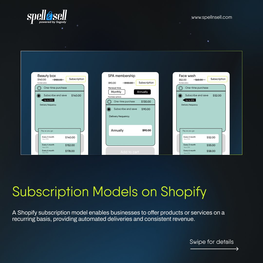 spellnsell's tweet image. Optimize your subscription business with Shopify’s Subscription Models, automating payments and managing memberships effortlessly. Ensure efficiency and a seamless subscriber experience.
#ShopifySubscriptions   #EcommerceAutomation