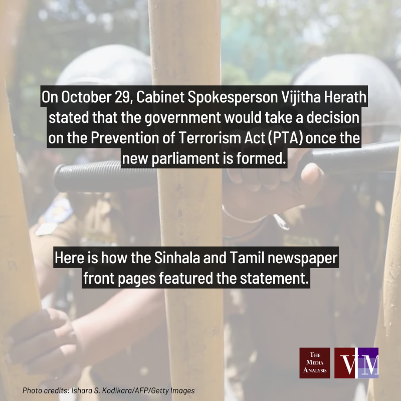 verite_tma's tweet photo. Yesterday, Cabinet Spokesperson Vijitha Herath announced the government's current stance on the #PTA

How did the Sinhala &amp; Tamil front pages cover this statement?

#Media #TheDividelk