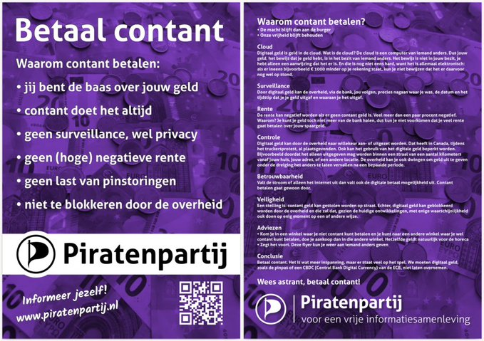 PPNL_Actie's tweet photo. Meeste Nederlanders willen geen limiet op contante betalingen https://t.co/L1njlzDag3
En terecht! https://t.co/GtCYXY3egm
#WaronCash #privacy #Piraten

Piraten willen het recht op contant kunnen betalen zo ruim mogelijk toepassen: https://t.co/KFI9TYUdfZ https://t.co/ZgPx1Wt7Op