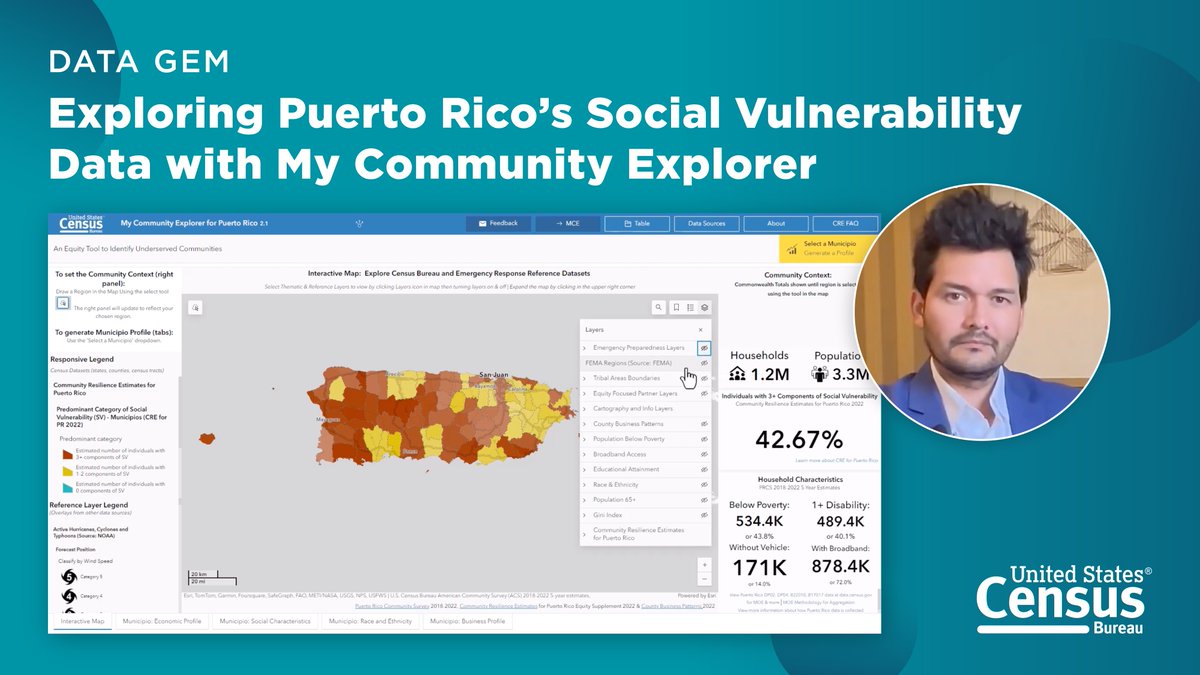 uscensusbureau's tweet photo. Watch our #DataGem and dive into our #DataTool, My Community Explorer for #PuertoRico, for valuable insights into social vulnerability measures and the economic landscape across various Puerto Rico Municipios.
▶️ https://t.co/x7qKFG6IJ6
#CensusAcademy https://t.co/N53N6Oe1iq