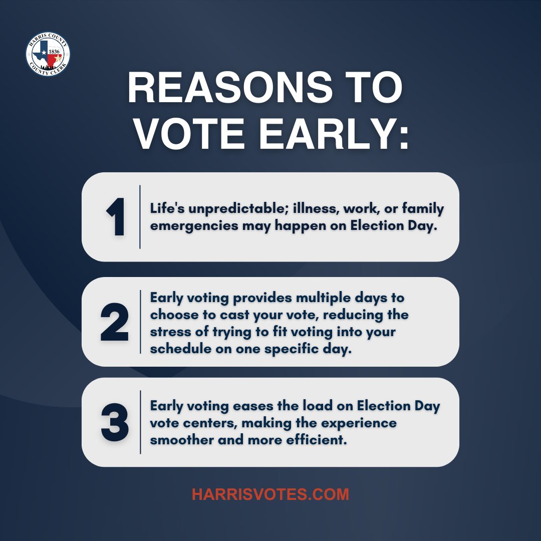 HarrisVotes's tweet image. DAY 10 OF EARLY VOTING! 🗳️ No need to wait for Election Day—cast your ballot early!

Vote Centers are open TODAY until 8:00 PM. #harrisvotes #harriscountyclerksoffice #earnyoursticker #votenowknowhow