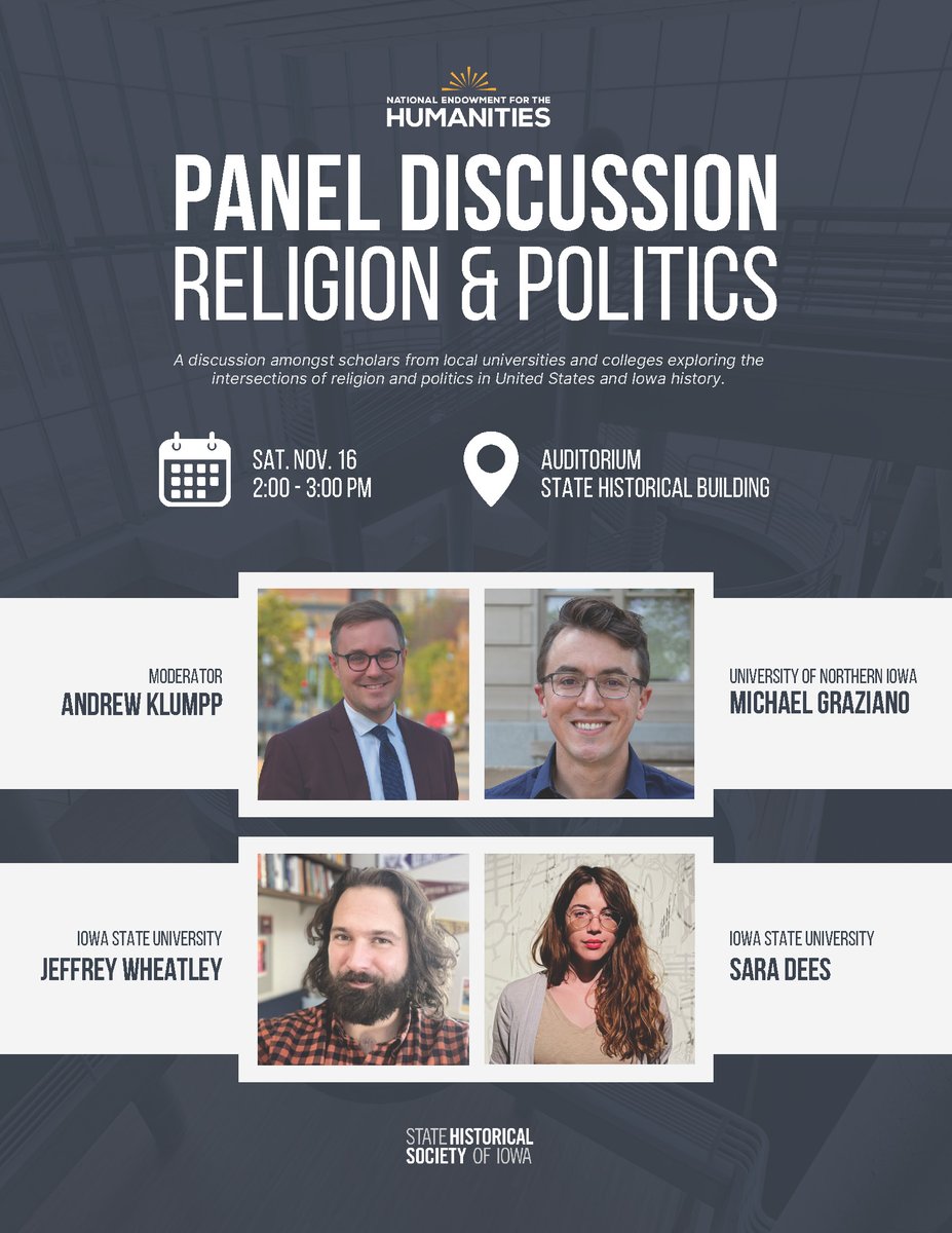 Mike Graziano (@grazmike) on Twitter photo Looking forward to joining @wheatleyjt, <a href="/sarahedees/">Sarah E. Dees</a>, and <a href="/aklumpp/">Andrew Klumpp</a> in a couple weeks for this great event on "Religion & Politics" at the State Historical Society of Iowa. If you're in the area, please swing by and say hello! Looking forward to joining @wheatleyjt, <a href="/sarahedees/">Sarah E. Dees</a>, and <a href="/aklumpp/">Andrew Klumpp</a> in a couple weeks for this great event on "Religion & Politics" at the State Historical Society of Iowa. If you're in the area, please swing by and say hello!