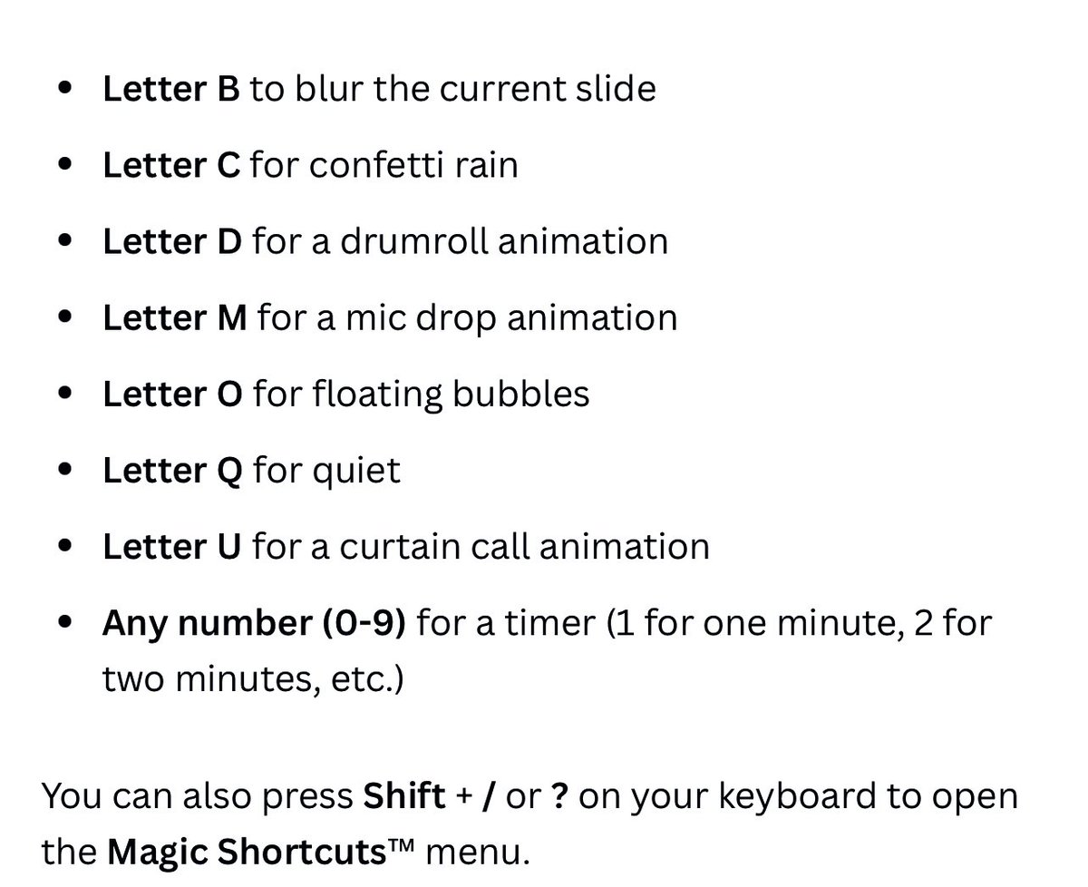 When presenting in <a href="/canva/">Canva</a> , press the following keys on your keyboard for fun animations or “magic shortcuts” when in presentation mode. Letter S for a spider and letter G for a ghost! <a href="/ATS_FCPS/">ATS FCPS</a>