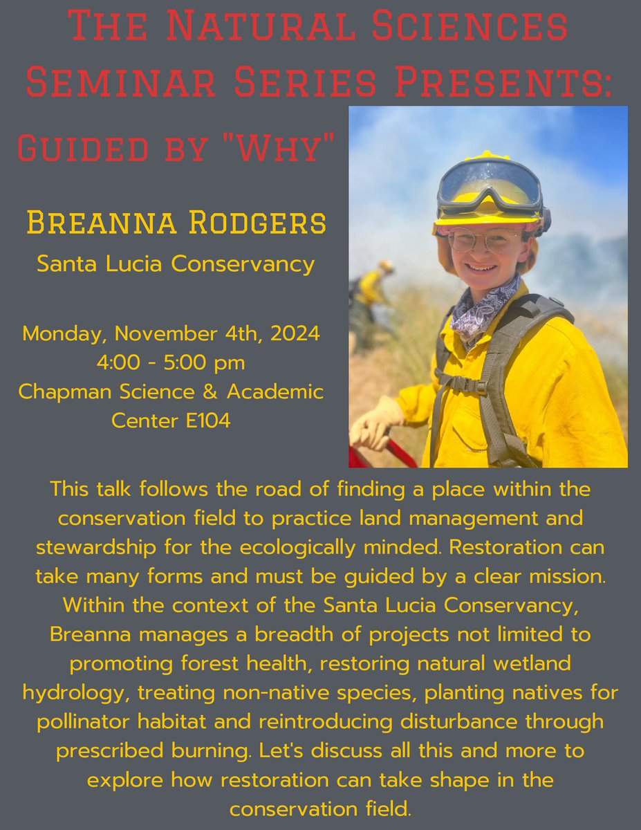 Please join us as we hear from Breanna Rodgers, restoration manager at the Santa Lucia Conservancy! #seminar 

All are welcome! This event will not be recorded/streamed.