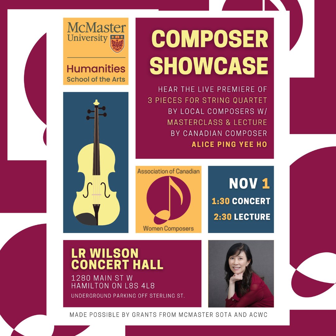 This Friday November 1st ACWC's Alice Ping Yee Ho will be leading a composition masterclass and discussion on her work.

Admission is free and all are welcome to join us at McMaster University's L.R. Wilson Concert Hall for an afternoon of music making!