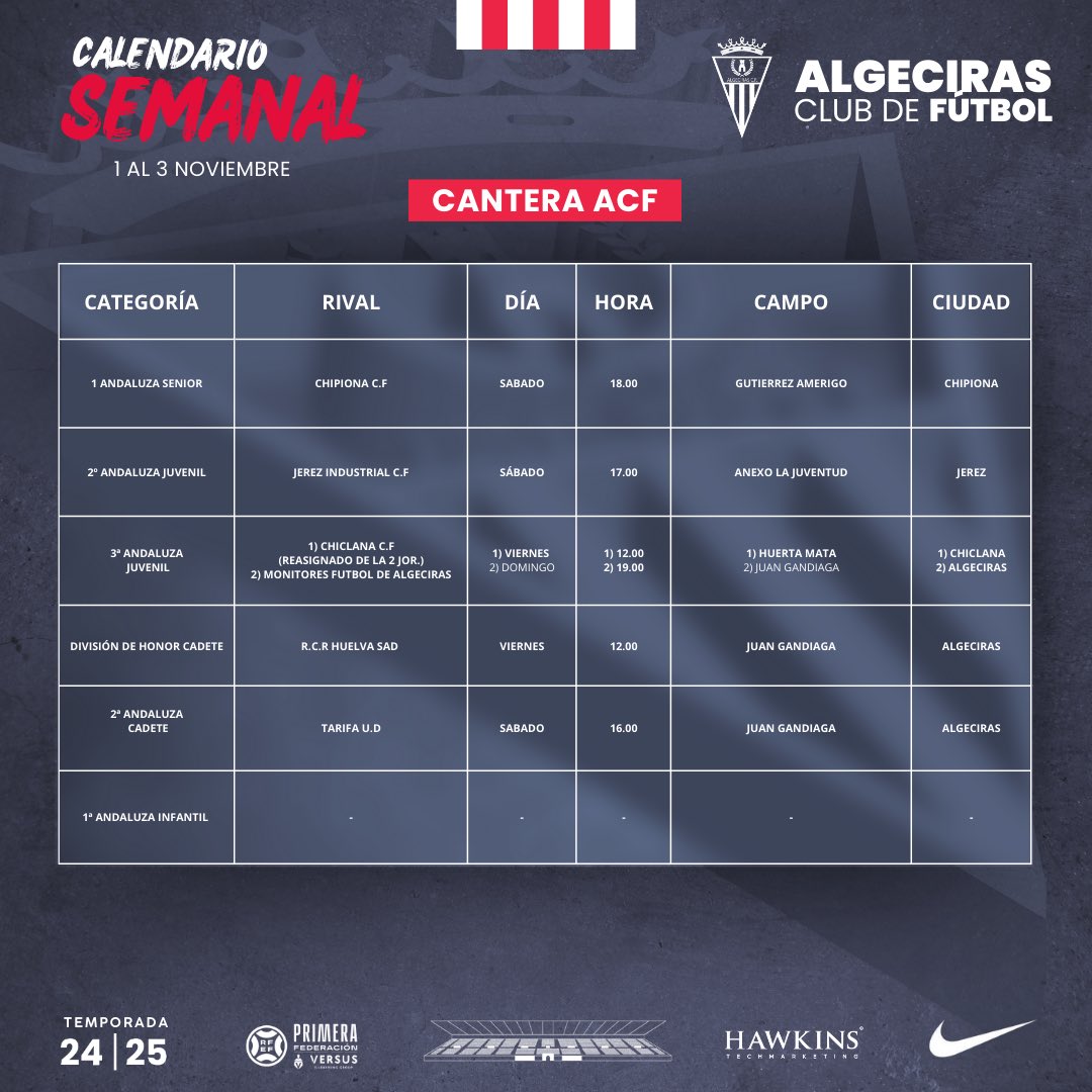 AlgecirasCF's tweet image. ⏰ Horarios de la cantera para el fin de semana.

🎟️ Entrada gratuita para los abonados del Algeciras C.F.

#FormandoEstrellas #LaBase #SéParteDelÉxito #CanteraACF