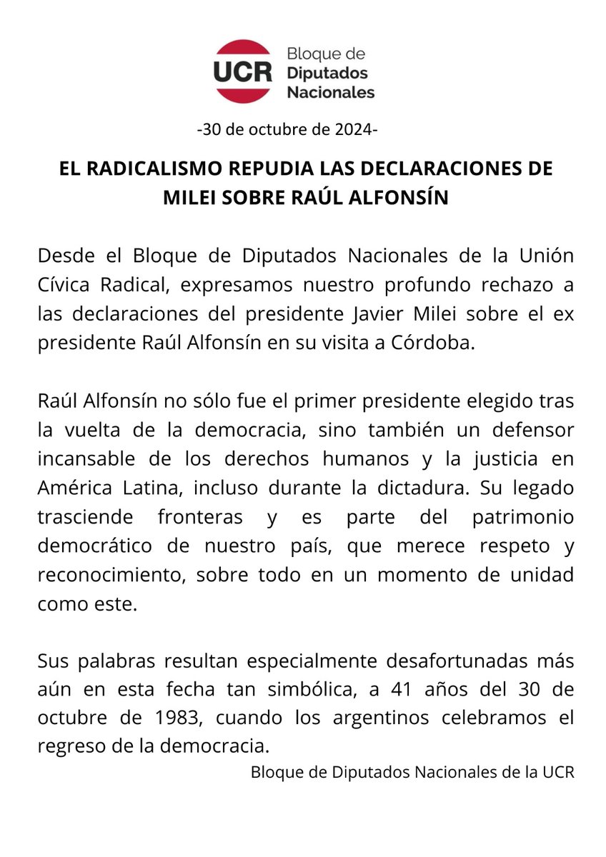 Comunicado del Bloque de Diputados Nacionales de la UCR sobre las  declaraciones de Milei., image size:848x1200