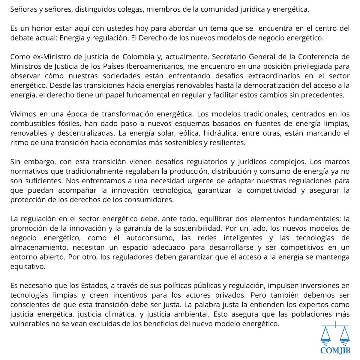 ComjibOficial's tweet image. 🗣️Te invitamos a leer el Discurso de nuestro SG @EnriquegilbGil para el Congreso “Energía y regulación. El Derecho de los nuevos modelos de negocio energético”, organizado por las asociaciones española e iberoamericana de Derecho de la Energía, #AEDEN y #ASIDE 🧵👇