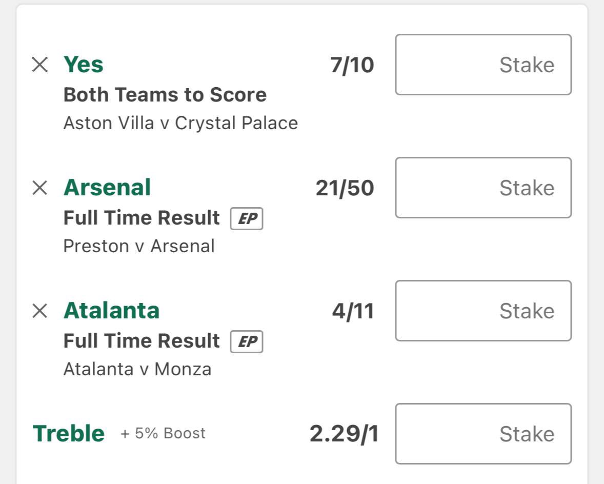 LAVISHSPORTSORG's tweet photo. WEDNESDAY TREBLE⚽️⚽️

Aston Villa Vs Crystal Palace - BTTS🍺
Preston Vs Arsenal - Arsenal To win🍺
Atlanta Vs Monza - Atlanta To Win🍺 https://t.co/LmyHpusFkx