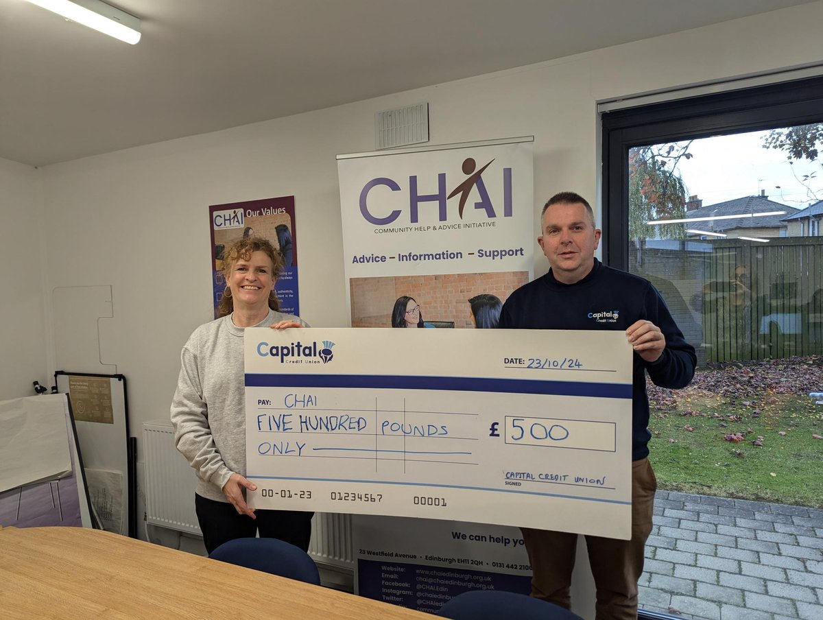 Thrilled to share that CHAI received £500 from Capital Credit Union's "Capital in the Community" initiative! 🙌 This funding will directly support clients in need of crisis grants. Huge thanks to Capital Credit Union! 💙 #LocalCause