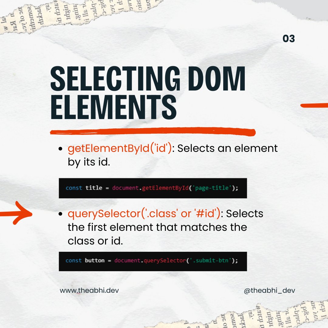 theabhi_dev's tweet image. Learn how to make your web pages come alive with JavaScript! From selecting DOM elements to event handling and dynamically updating content, we’re covering essential skills to create interactive experiences. #JavaScriptDOM #EventHandling #WebDevelopment #75DaysMERNChallenge #MERN