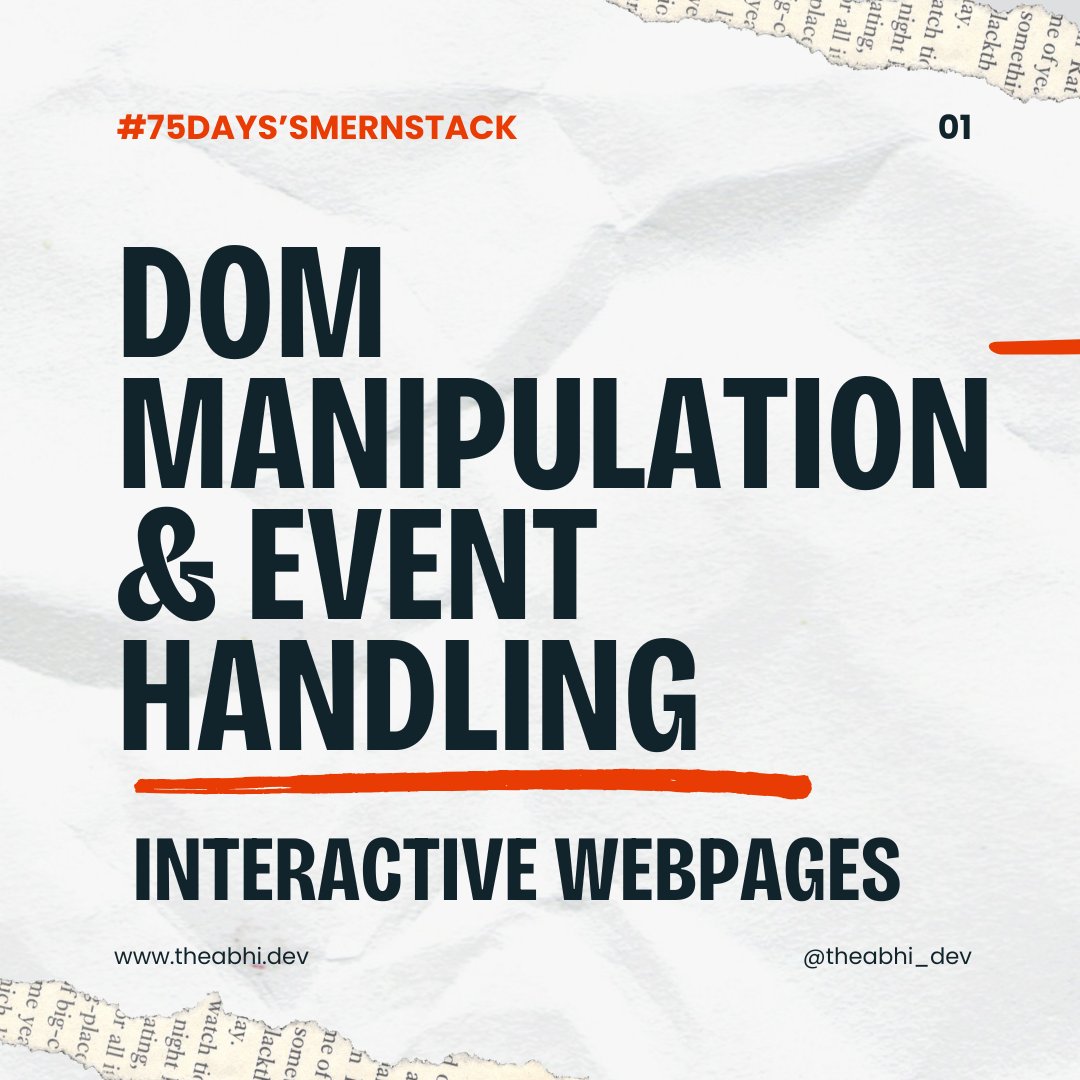 theabhi_dev's tweet image. Learn how to make your web pages come alive with JavaScript! From selecting DOM elements to event handling and dynamically updating content, we’re covering essential skills to create interactive experiences. #JavaScriptDOM #EventHandling #WebDevelopment #75DaysMERNChallenge #MERN
