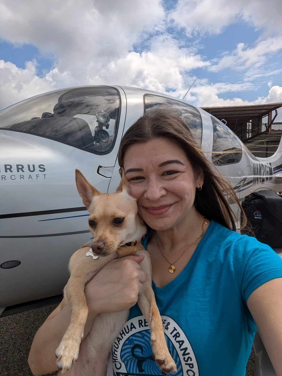 PilotsNPaws's tweet photo. Ellie was overjoyed when she fell into the arms of her new parents in Ohio. It couldn't have happened w/o the help of Pilot Jim who flew her from Chicago to Ohio, her foster mom Alyx who cared for her &amp; Diane of Chihuahua Rescue &amp; Transport who coordinated the event✈️#pilotsnpaws https://t.co/La4aJwSewG