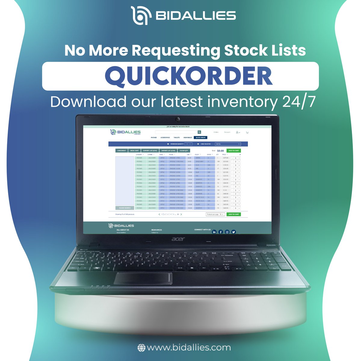 bidallies's tweet image. Order in bulk with ease! QuickOrder lets you download our latest inventory 24/7 and place bulk orders in seconds. #BidAllies #QuickOrder #BulkOrdering #Vexwire #Refurbished #Wholesale