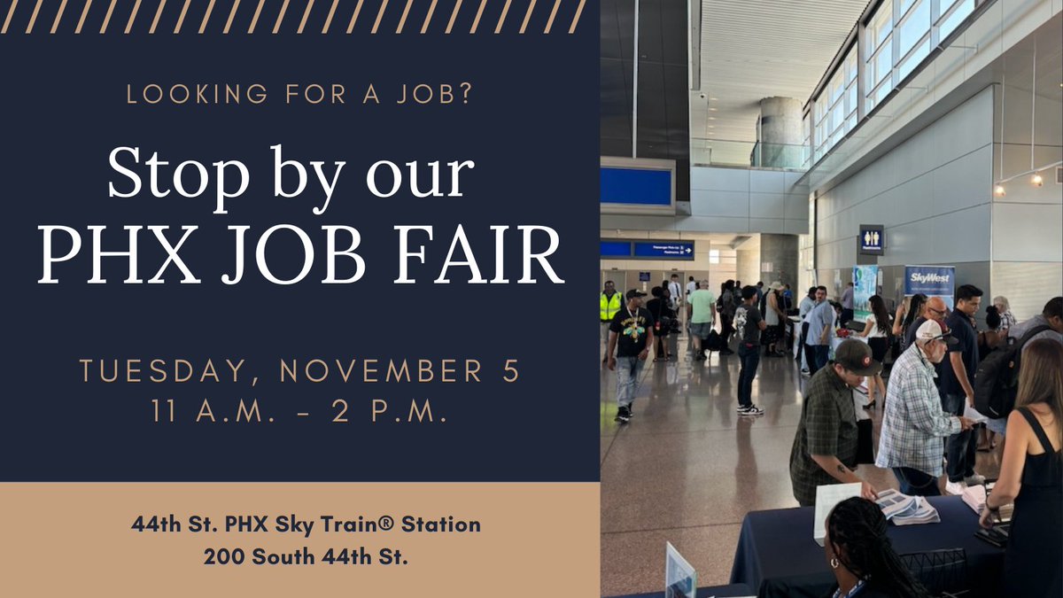 PHXSkyHarbor's tweet image. Join us next week on Tuesday, November 5 for our PHX Monthly Job Fair. Explore exciting opportunities, meet industry professionals, and possibly get a job offer on the spot! Don't miss your shot to work for the WTS Employer of the Year. skyharbor.com/about-phx/news…