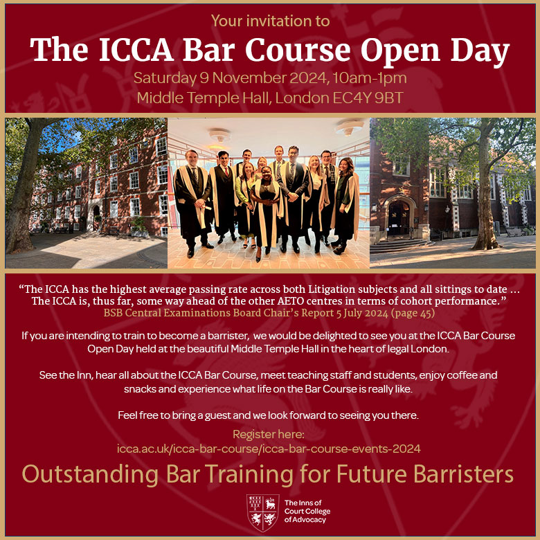 iccabarcourse's tweet photo. Join us for the ICCA Bar Course Open Day on Saturday 9 November 2024, 10am-1pm, at Middle Temple Hall, London EC4Y 9BT.  Book your place (and feel free to being a guest too): https://t.co/AkJwK1CKi9

#ForFutureBarristers #students #lawstudents #pupillage #barrister https://t.co/xg6K8JuOSp