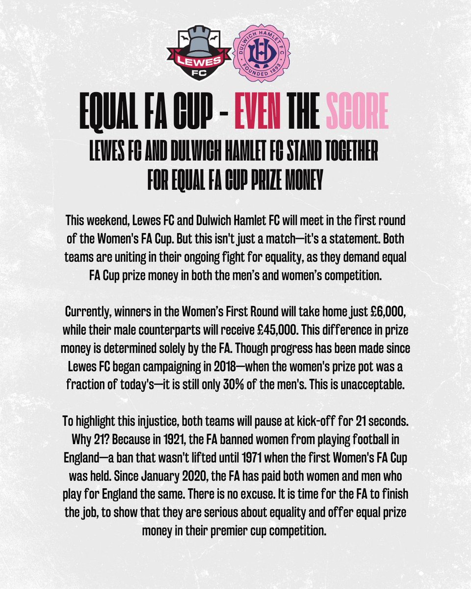LewesFCMen's tweet photo. Equal FA Cup - Even the Score. 🤝
#EqualFACup
#EventheScore
@DHFC_W
@LewesFCWomen
@DulwichHamletFC https://t.co/yjyLYgebKI