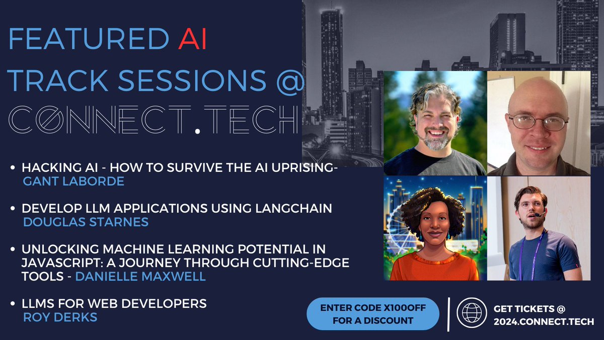 CONNECT.TECH (@connect_js) on Twitter photo Master all things AI on our AI track at this years <a href="/connect_js/">CONNECT.TECH</a>! 🤖
<a href="/GantLaborde/">Gant Laborde 🇺🇦</a> 2024.connect.tech/session/699421
<a href="/poweredbyaltnet/">🇺🇸Douglas Starnes🇺🇸 Challenging the status quo</a> 2024.connect.tech/session/698177
<a href="/thedanimaxwell/">Danielle (she/her)</a> 2024.connect.tech/session/699278
<a href="/gethackteam/">Roy Derks 🚀</a> 2024.connect.tech/session/687495
🎟️ 2024.connect.tech
X100OFF for discount 👀 Master all things AI on our AI track at this years <a href="/connect_js/">CONNECT.TECH</a>! 🤖
<a href="/GantLaborde/">Gant Laborde 🇺🇦</a> 2024.connect.tech/session/699421
<a href="/poweredbyaltnet/">🇺🇸Douglas Starnes🇺🇸 Challenging the status quo</a> 2024.connect.tech/session/698177
<a href="/thedanimaxwell/">Danielle (she/her)</a> 2024.connect.tech/session/699278
<a href="/gethackteam/">Roy Derks 🚀</a> 2024.connect.tech/session/687495
🎟️ 2024.connect.tech
X100OFF for discount 👀