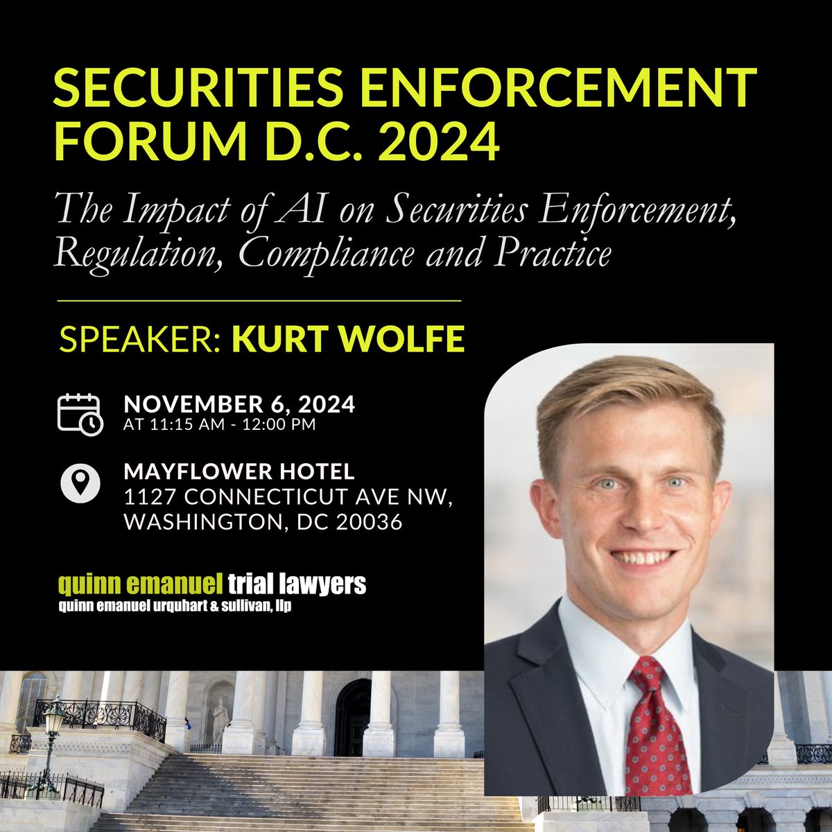 quinnemanuel's tweet image. #QuinnEmanuel Of Counsel Kurt Wolfe is set to moderate a panel titled “The Impact of AI on Securities Enforcement, Regulation, Compliance, and Practice” at the 2024 Securities Enforcement Forum in D.C.
Full agenda: lnkd.in/gPxVvaMr
Register here: lnkd.in/gyeGsD9U