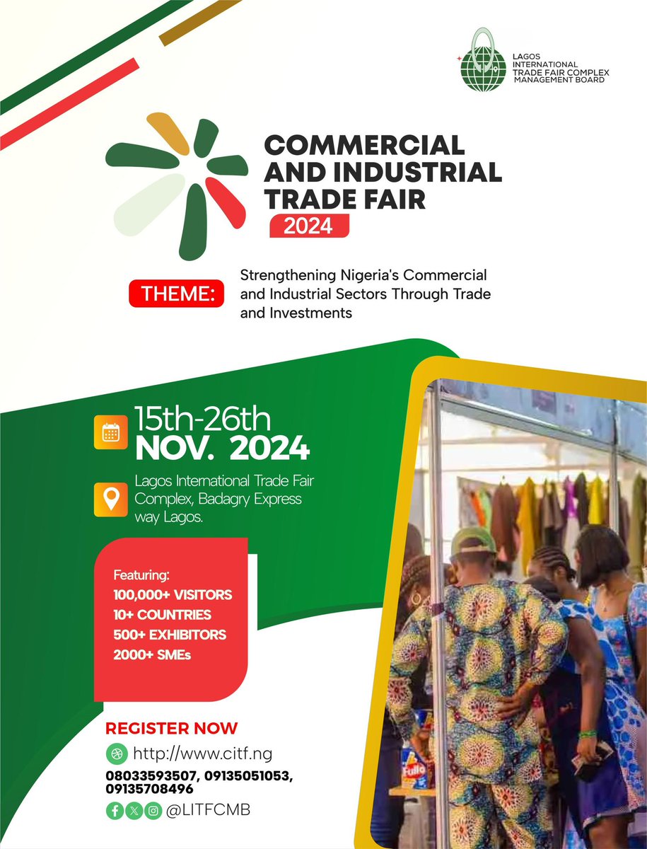 therawdeeya's tweet photo. If you’re looking to meet your 2024 sales resolution, your best bet is at the Commercial &amp; Industrial Trade Fair, Lagos International Trade Fair Complex, Lagos-Badagry Expressway, from Nov 15th-26th, 2024!

Register via https://t.co/A1cJI0jc8i and use the code CITF006

#CITF2024 https://t.co/qb7WrWCxmv