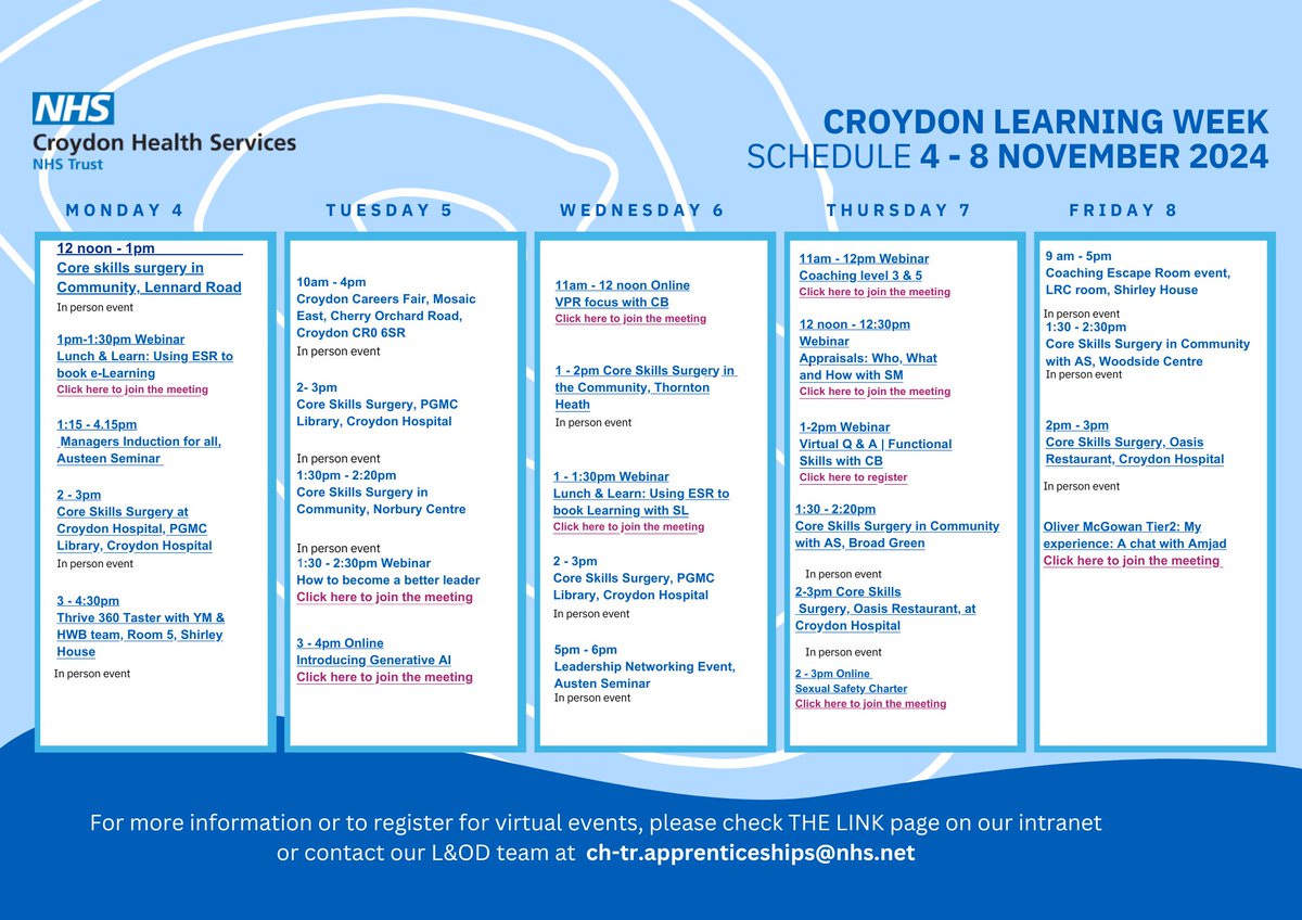 CHSDevelop's tweet photo. We are excited to announce "Croydon Learning Week". In partnership with ICB South West London, will offer a variety of webinars and events to support career and personal development.
Don’t miss out – join us for a week of learning, networking, and exciting new possibilities! https://t.co/fG4f8v3Th7