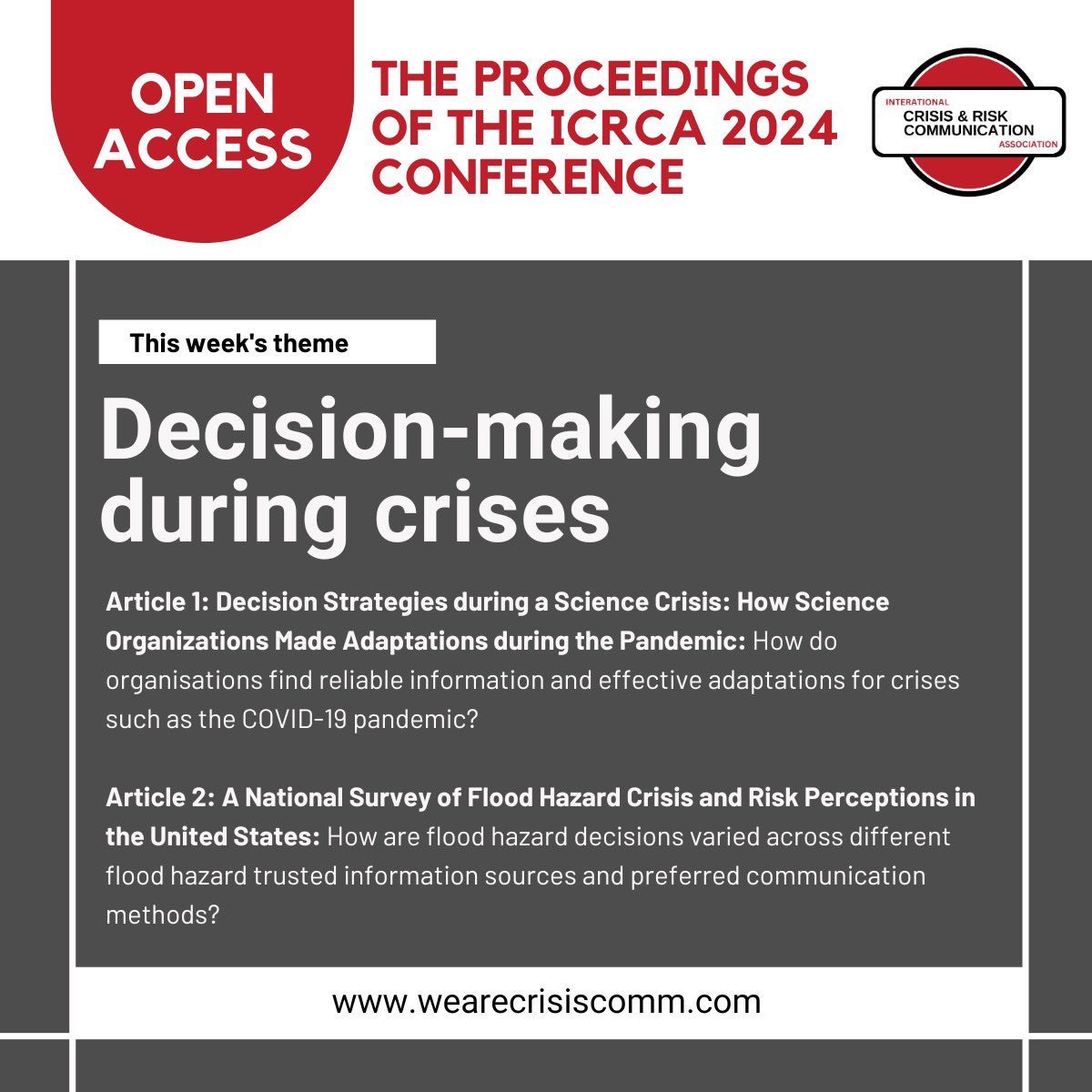 How do organizations and the pubic navigate and make sense of the risks, and consider potential outcomes from crises? The open access articles this week discuss decision-making during crises. 

#ICRCA
#ICRCC2025