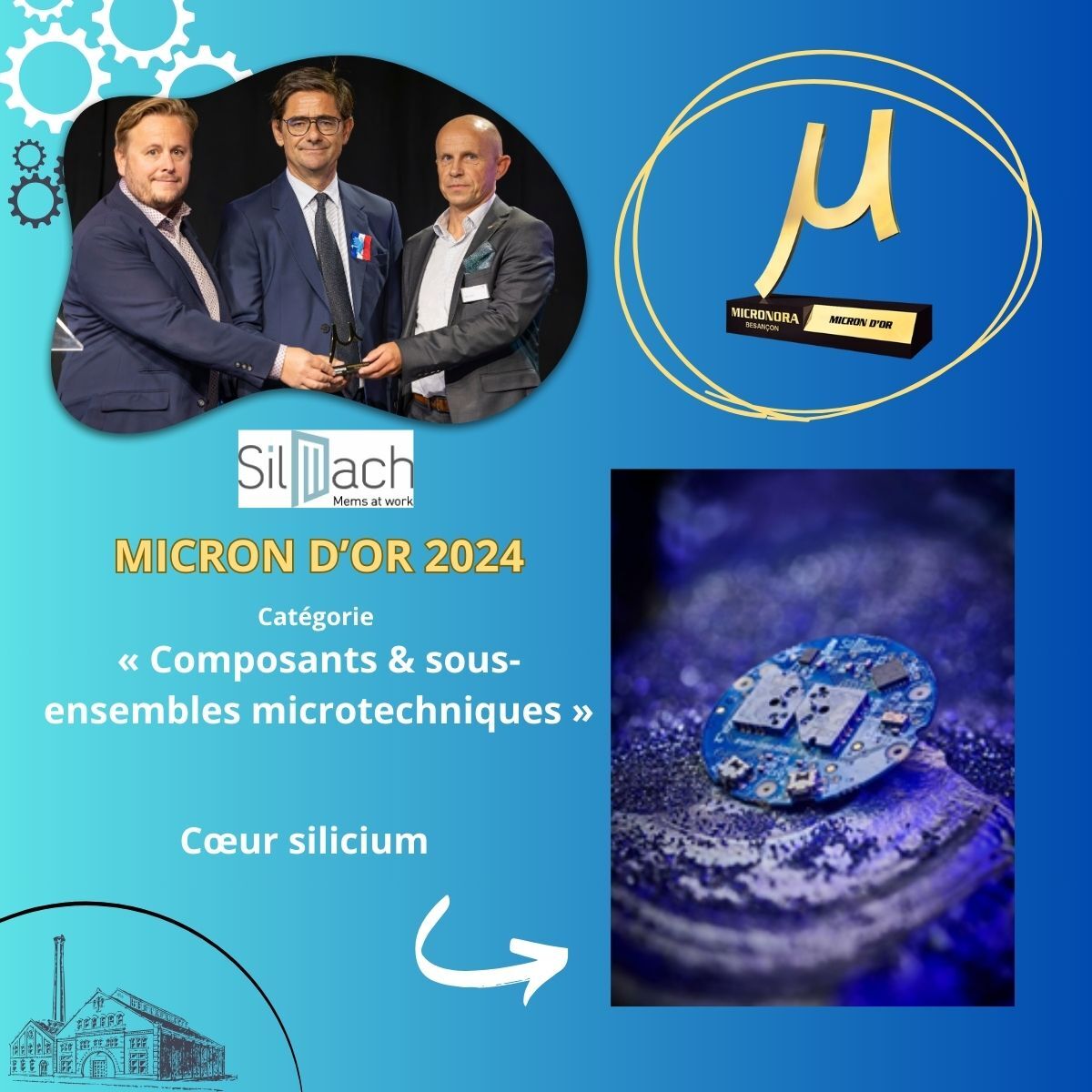 🏅 @SilMach reçoit le Micron d'Or à Micronora 2024 (catégorie Composants &amp; sous-ensembles microtechniques) pour le Cœur silicium, un micromoteur qui révolutionne l'horlogerie ! #Micronora2024 #Innovation

lemessager.fr/videos/entrepr…