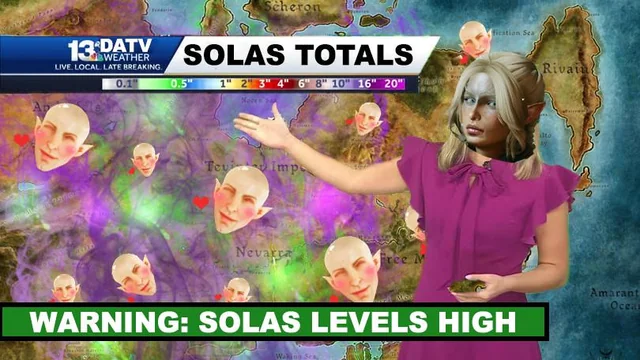 BookishMeow's tweet photo. @kalaelizabeth I don't have thoughts, but I do have a silly meme I made about 100% chance of Solas tomorrow. It's a once-in-a-decade Solas Shower. Haven't seen this much Solas in 10 years. Please be weather aware. https://t.co/RDFhqZG5RN