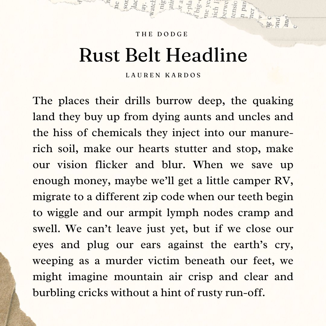 Today's recommendation is "Rust Belt Headline," a nonfiction piece written by @lkardos and featured in our Fall 2024 Issue (out now)!  

Read "Rust Belt Headline" in full here: thedodgemag.com/laurenkardos1