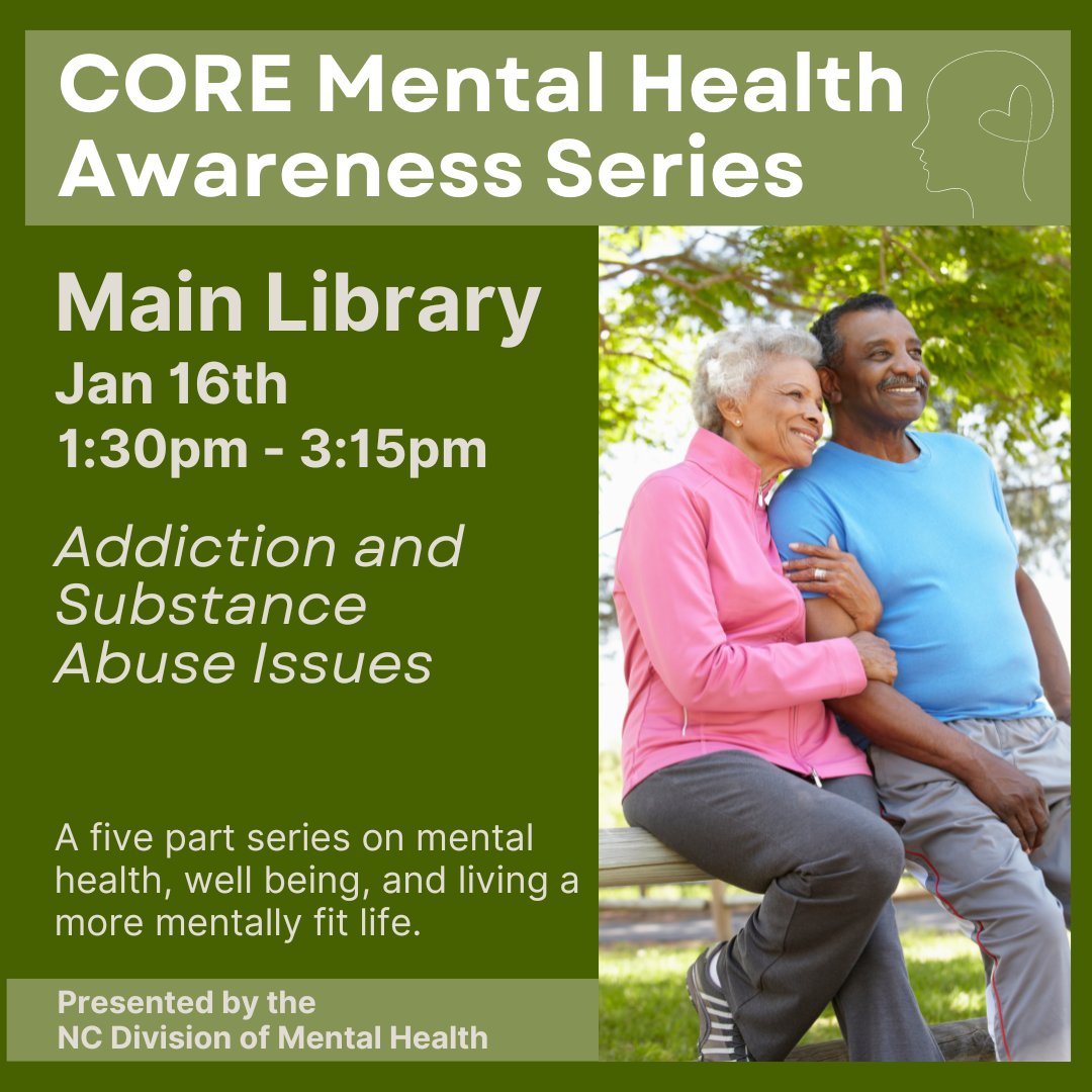 CORE Seniors age 55+ - Join us downtown at the Main Library for a five part series on mental health, well being, and living a more mentally fit life featuring different topics of interest.  Please visit our calendar at libcal.nhcgov.com to register.