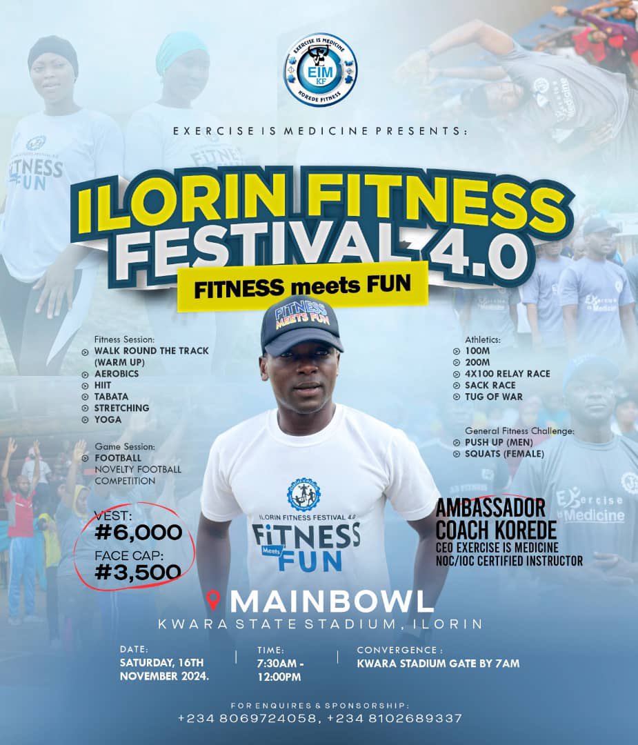 The biggest Festival in Ilorin is here again.🔥🔥🔥

This time, it promised to be fun-filled. ILORIN FITNESS FESTIVAL 4.0 where fitness meets fun….

I will be there…