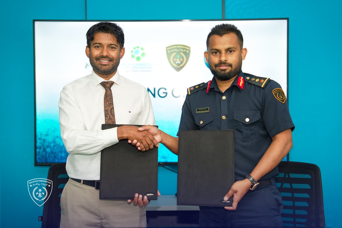 ImmigrationMV's tweet photo. A Memorandum of Understanding (MOU) was signed today with Maldives Marketing & Public Relations Corporation to strengthen collaboration on the Maldives Border Miles program. The aim is to support mutual benefits, enhance the program, and further contribute to the Maldives tourism sector.

@mmprc_corporate
@BorderMilesMv
@visitmaldives

#maldivesimmigration #MMPRC #visitmaldives #bordermilesmv
