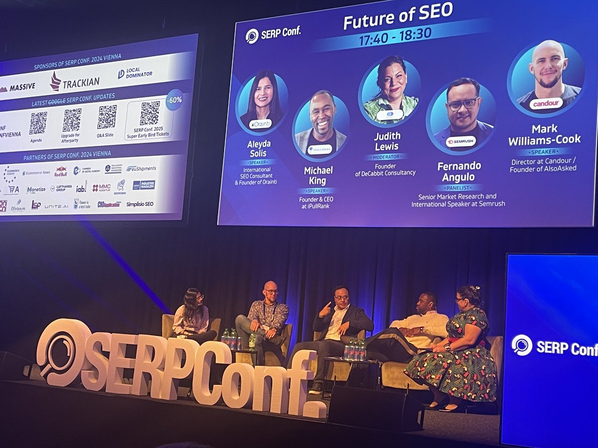 Sara Fernández 🐝 SEO (@sarafdez) on Twitter photo <a href="/dergal/">Gerry White SEO geek</a> <a href="/aleyda/">Aleyda Solis 🕊️</a> <a href="/trackiancom/">Trackian</a> Last panel of the day!!!! <a href="/aleyda/">Aleyda Solis 🕊️</a>, <a href="/iPullRank/">Mic King</a>, <a href="/JudithLewis/">Judith Lewis</a>, <a href="/Fernando1Angulo/">Fernando Angulo</a> and <a href="/thetafferboy/">Mark Williams-Cook</a> will reveal the future of SEO… 👀 #SERPConf #SERPConfVienna <a href="/dergal/">Gerry White SEO geek</a> <a href="/aleyda/">Aleyda Solis 🕊️</a> <a href="/trackiancom/">Trackian</a> Last panel of the day!!!! <a href="/aleyda/">Aleyda Solis 🕊️</a>, <a href="/iPullRank/">Mic King</a>, <a href="/JudithLewis/">Judith Lewis</a>, <a href="/Fernando1Angulo/">Fernando Angulo</a> and <a href="/thetafferboy/">Mark Williams-Cook</a> will reveal the future of SEO… 👀 #SERPConf #SERPConfVienna