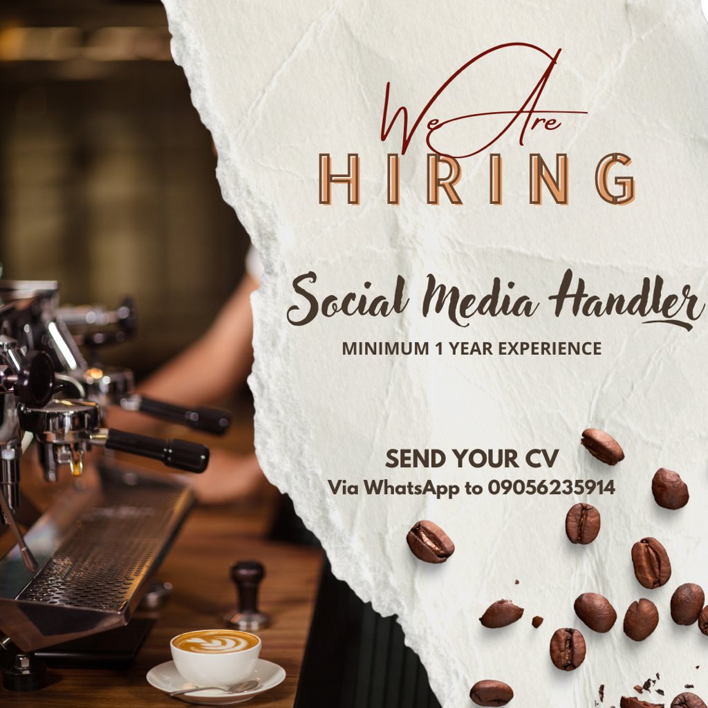 hmcakes_'s tweet photo. Social Media Handler needed in a Cafe in Gwarinpa. 

Kindly Apply Via WhatsApp to the number in the Flier 

Please RT https://t.co/omXXINc2UA