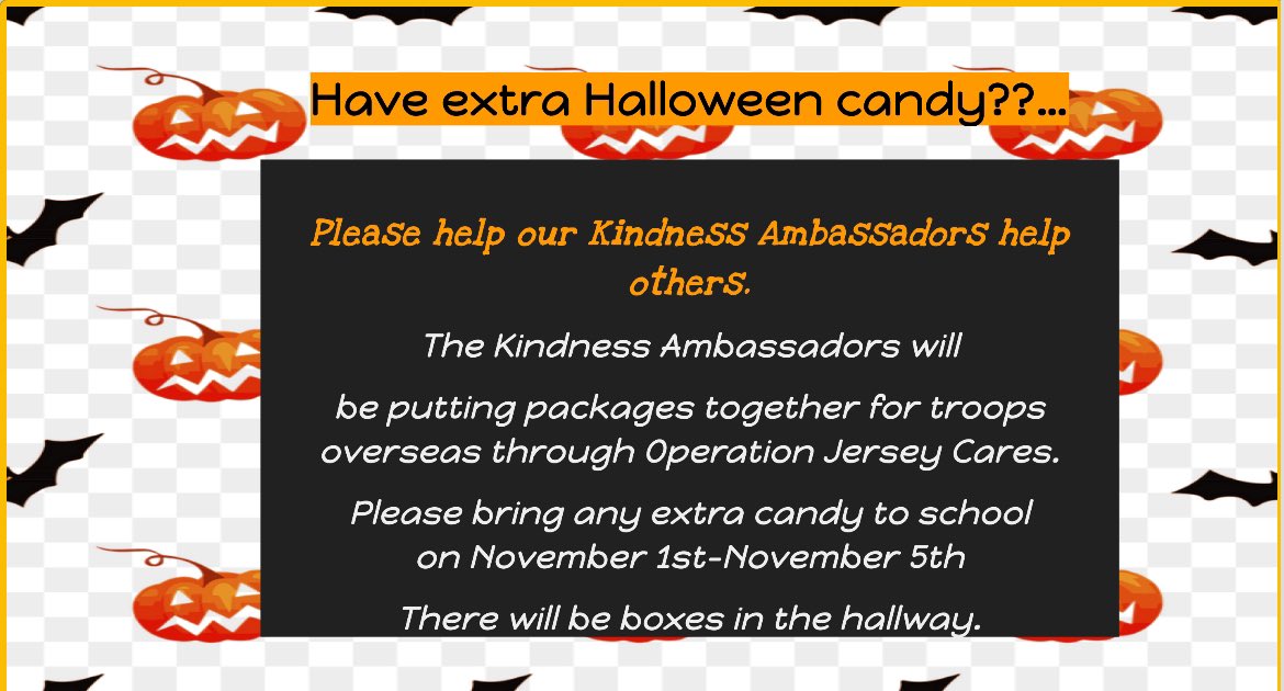 Counselors' Corner (@barbaszast) on Twitter photo Our Kindness Ambassadors will be collecting extra Halloween candy and organizing it to send to the troops overseas. Please send in your candy from November 1-November 5. <a href="/tincroadschool/">Tinc Road Elementary School</a> <a href="/PtoTinc/">Tinc Road PTO</a> <a href="/markdgrilo/">Mark D. Grilo</a> @Dani_Marangon Our Kindness Ambassadors will be collecting extra Halloween candy and organizing it to send to the troops overseas. Please send in your candy from November 1-November 5. <a href="/tincroadschool/">Tinc Road Elementary School</a> <a href="/PtoTinc/">Tinc Road PTO</a> <a href="/markdgrilo/">Mark D. Grilo</a> @Dani_Marangon