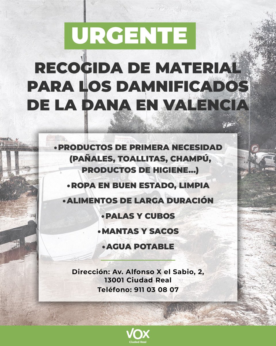 Tras la devastación de la #DANA en Valencia, en Ciudad Real recogemos productos de primera necesidad para los damnificados. 
Necesitamos tu ayuda. Cada aporte suma. ¡Colabora!
#Solidaridad #AyudaDANA #JuntosSomosMásFuertes