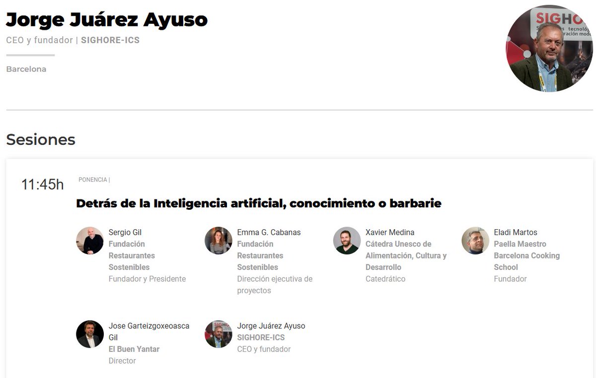 El próximo martes 5 de noviembre a las 11,45h, en el <a href="/FGastronomic/">Fòrum Gastronòmic</a> de Barcelona, nuestro CEO y Fundador esta invitado a una interesante mesa redonda: “Detrás de la Inteligencia Artificial, conocimiento o barbarie”. 👏👏👏
Organizado por la Fundación Restaurantes Sostenibles.