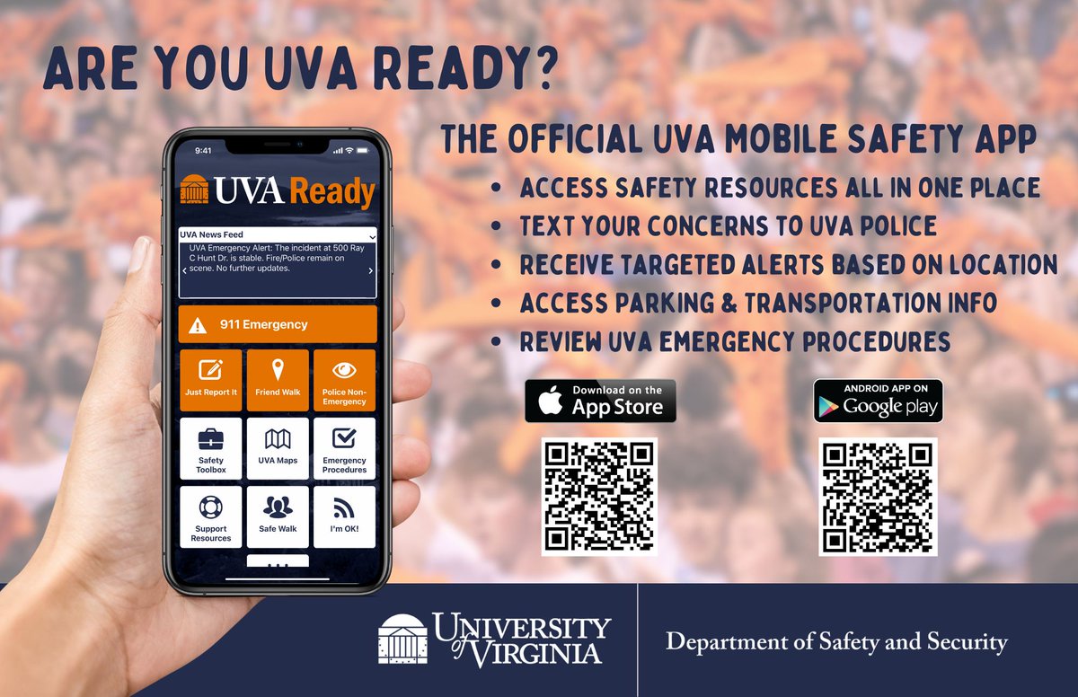 UVA has officially launched UVA Ready, an app that provides users with safety notifications, access to maps of Grounds, the ability to text with University Police, and other safety resources to help prepare the UVA community for an emergency. 
Download: buff.ly/3UpQWXq