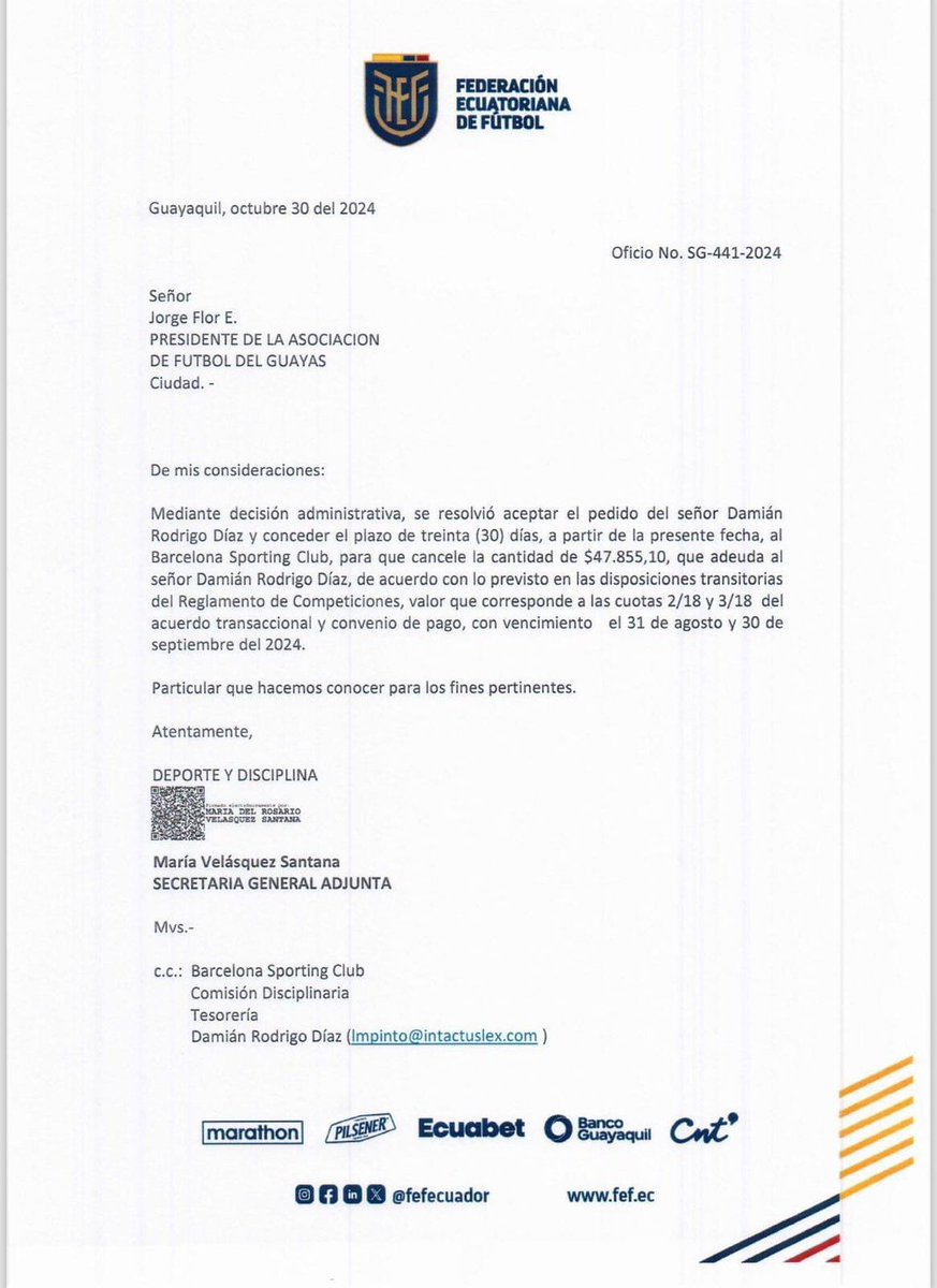 VARLINE_EC's tweet photo. Damián Díaz demanda a Barcelona🟡👨⚖️
El jugador Damián Díaz ha demandado formalmente a Barcelona Sporting Club, según un reporte periodístico en donde se señala que la razón sería por incumplimiento en unos valores adeudados.
#VARline #Kitu #BSC #FEF #Diaz https://t.co/lt72pPJ8NA