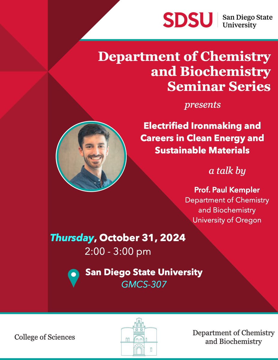 SDSU Chem-Biochem (@sdsuchembiochem) on Twitter photo Join us tomorrow (Oct. 31) for a special seminar from Prof. Paul Kempler from the University of Oregon. <a href="/PAKempler/">Paul Kempler</a> will be discussing his research into exciting new electrochemical ironmaking processes, as well as his perspectives on new careers in green and sustainable energy. Join us tomorrow (Oct. 31) for a special seminar from Prof. Paul Kempler from the University of Oregon. <a href="/PAKempler/">Paul Kempler</a> will be discussing his research into exciting new electrochemical ironmaking processes, as well as his perspectives on new careers in green and sustainable energy.