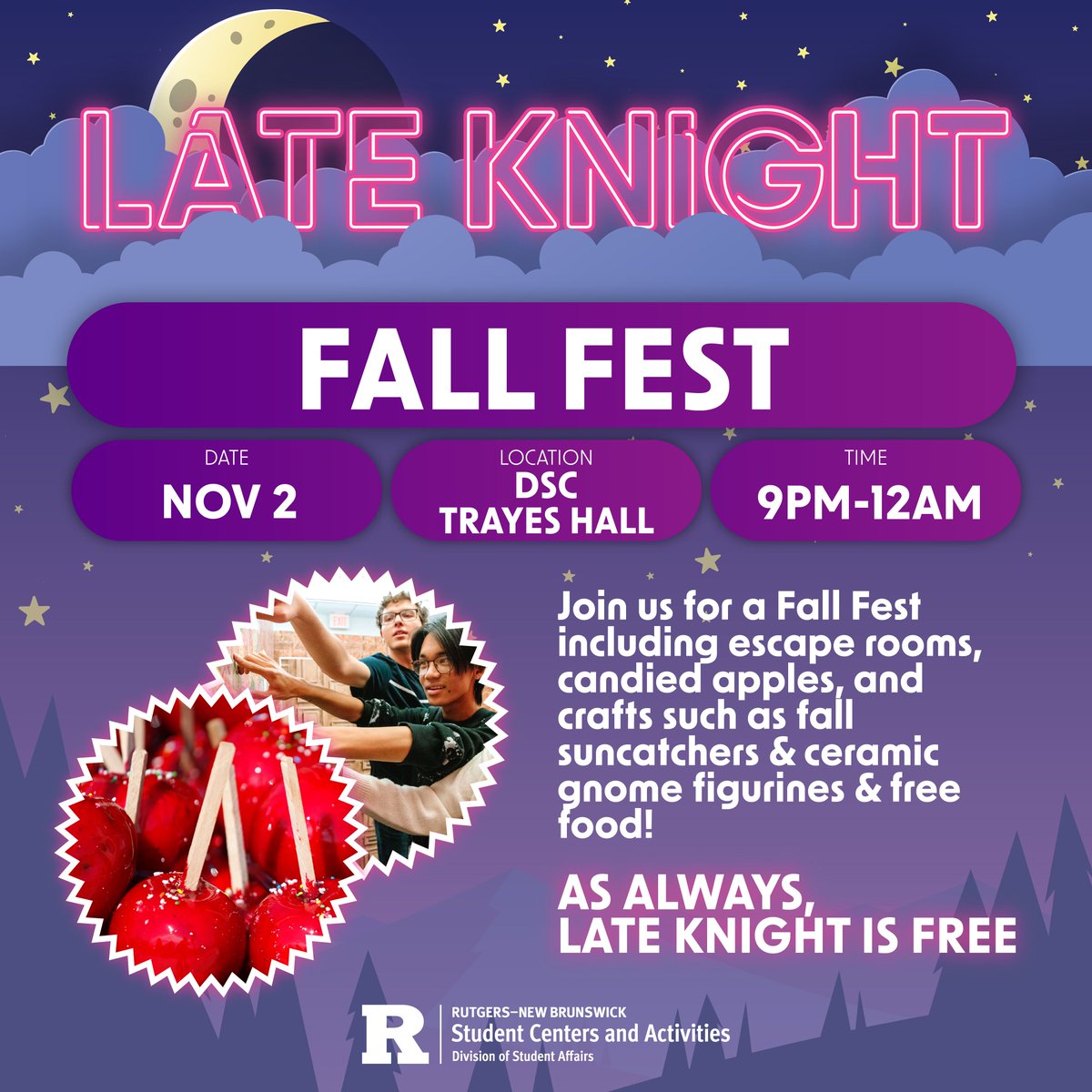 Fall for some fun! 🍂 You won’t want to leaf this Saturday’s Late Knight behind—bring friends and enjoy escape rooms, candied apples, crafts, and FREE food!

📅 Saturday, Nov. 2, 9pm-12am
📍DSC, Trayes Hall

#AsAlwaysLateKnightIsFree #LateKnight #KnightLife