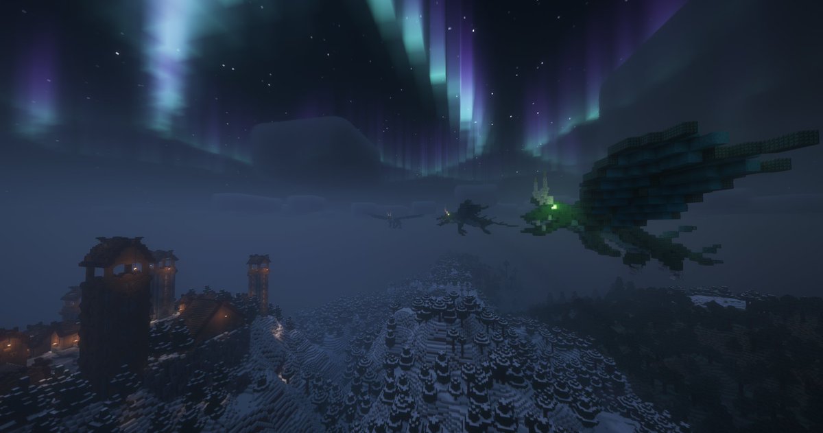 Putting my Valheim addiction in Minecraft! The first pic is Haldor the travelling merchant with his tamed lox, Halstein. The next pic is a village under attack by frost drakes. #Valheim #Minecraft