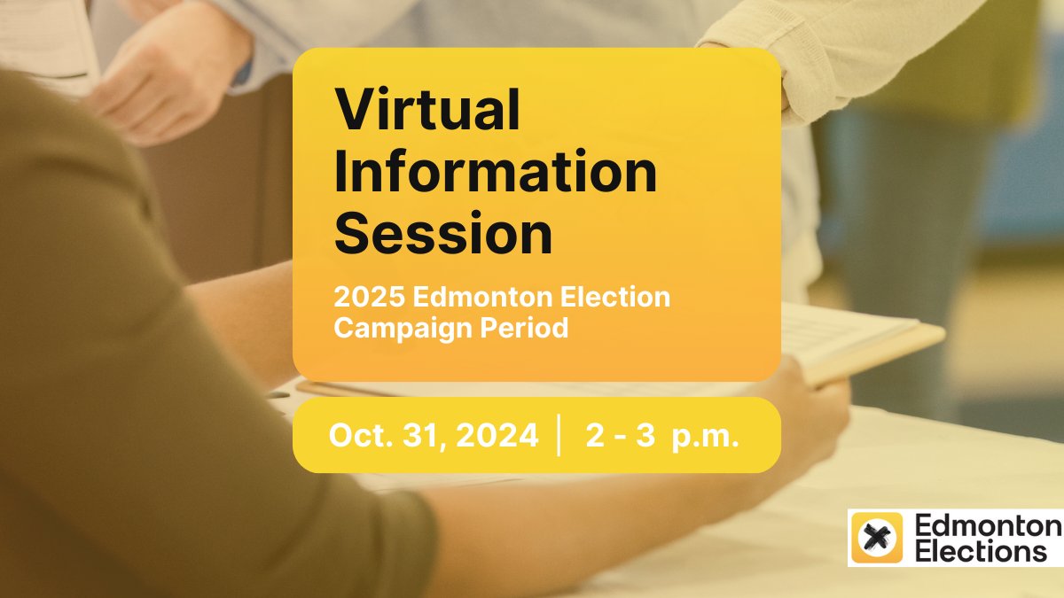 EdmElections's tweet photo. Have questions about becoming a candidate, forming a political party or creating a slate of candidates?

Join the Edmonton Elections’ Virtual Information session on Oct. 31 from 2 - 3 p.m.

Visit https://t.co/7u9dw2iN6S for the link to the live stream. 

#yegvote #yegelection https://t.co/cj0W9Bezhn