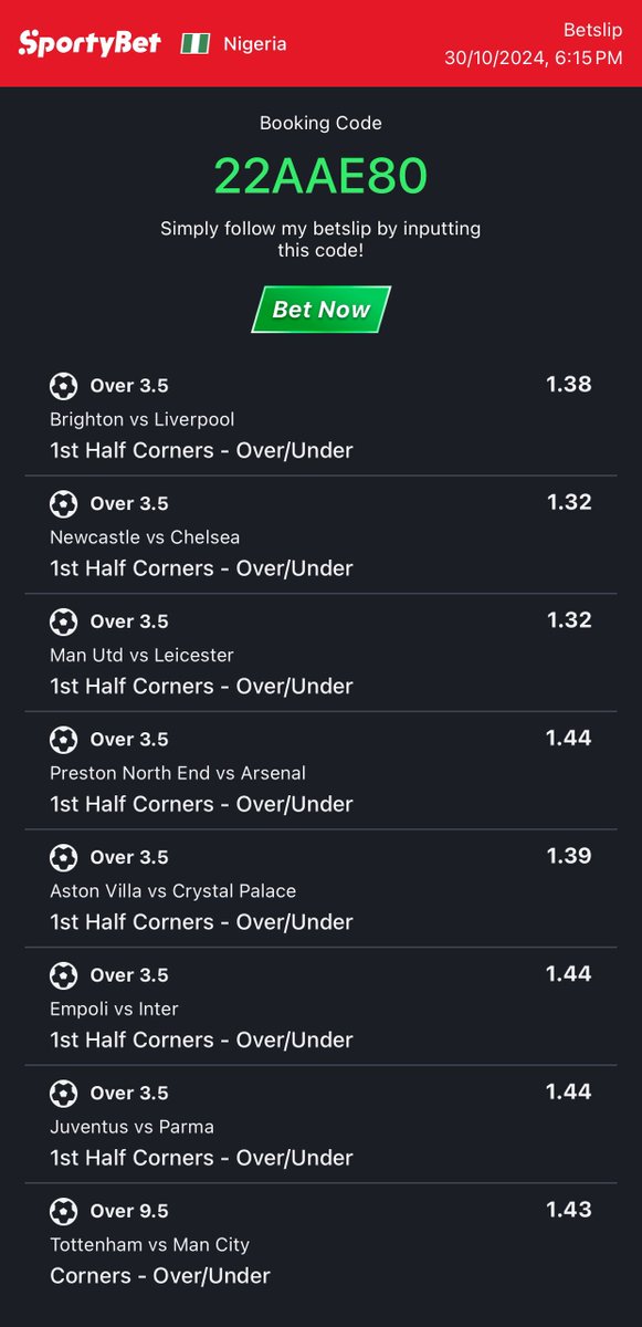 14odds ✅✅ on corners 

22AAE80🔥💯

<a href="/Ekitipikin/">Mayor Of Ekiti</a> @Brarena47 <a href="/kinggraytips/">King Gray👑</a> <a href="/ValidTips/">Valid Tips</a> <a href="/Lanprediction/">Lan Prediction</a> <a href="/TalentedFBG/">Talented🏀🏀 🇳🇬🇿🇦</a> <a href="/FM_PREDICTION/">FEMI</a> <a href="/Id_dannie/">Dr_dan_analysis🤾‍♂️⚽️🥇</a>