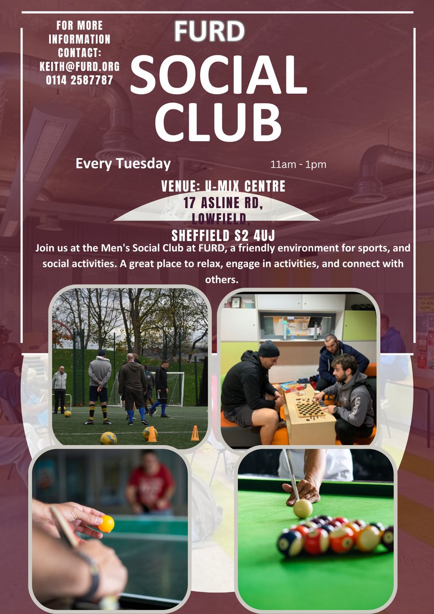 FURD (@furdday) on Twitter photo Come and join our new social club for men on Tuesdays 11am-1pm <a href="/UMixSheffield/">U-Mix Centre</a>. Chance to play pool, table tennis, table football, board games, or just have a cuppa, a chat and keep warm. Also there's a chance to stay for our walking football at 1-2pm. Come and join our new social club for men on Tuesdays 11am-1pm <a href="/UMixSheffield/">U-Mix Centre</a>. Chance to play pool, table tennis, table football, board games, or just have a cuppa, a chat and keep warm. Also there's a chance to stay for our walking football at 1-2pm.