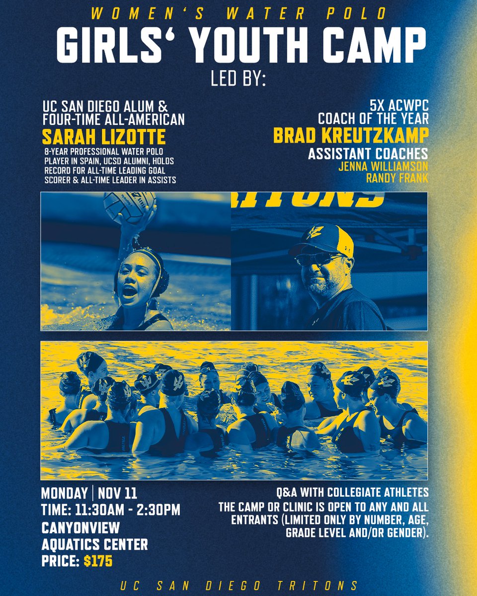 Join us and coach <a href="/slizotte/">steve lizotte</a> at UC San Diego for a special Women’s Water Polo Clinic on November 11th! 🤽‍♀️

Spots are limited, so don’t miss out on this incredible opportunity! 💥
📅 Date: November 11th
📍 Location: UC San Diego. Canyonview Aquatics 
⏰ Time: 11:30am - 2:30pm