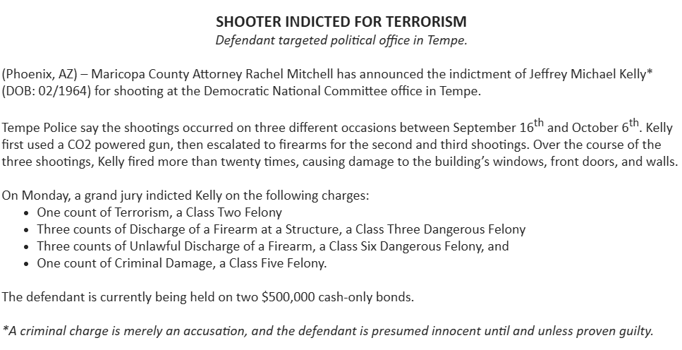 brahmresnik's tweet photo. JUST IN Phoenix man indicted on felony terrorism charge &amp; 7 other felony counts for allegedly shooting at @DNC field office in Tempe. https://t.co/3LSf7NHhoL https://t.co/SMmsCU14Ad